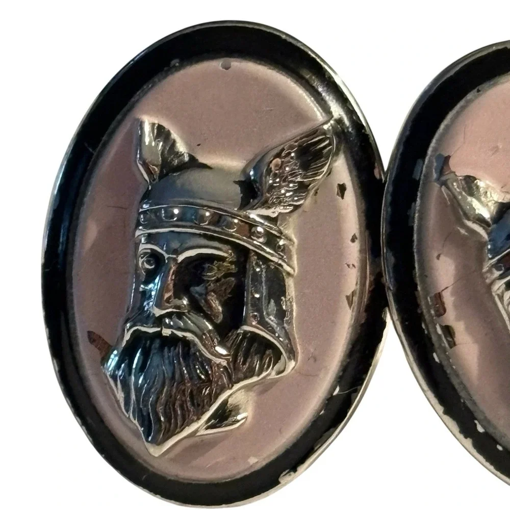 Swank Knight Pink Enamel Cufflinks Oval Silver Tone Soldier Warrior Vintage READ